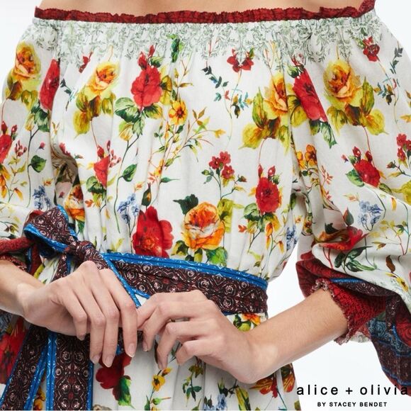 Alice + Olivia **NWT** Mary Off Shoulder Tie Belt Dress Dew Floral - Picture 5 of 8